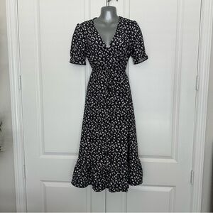 Shein black white floral wrap summer dress long small